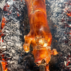 A whole pig, expertly roasted to a deep, glossy golden-brown. The skin appears exceptionally crispy and smooth, secured to a heavy metal rod with thin binding strings.
