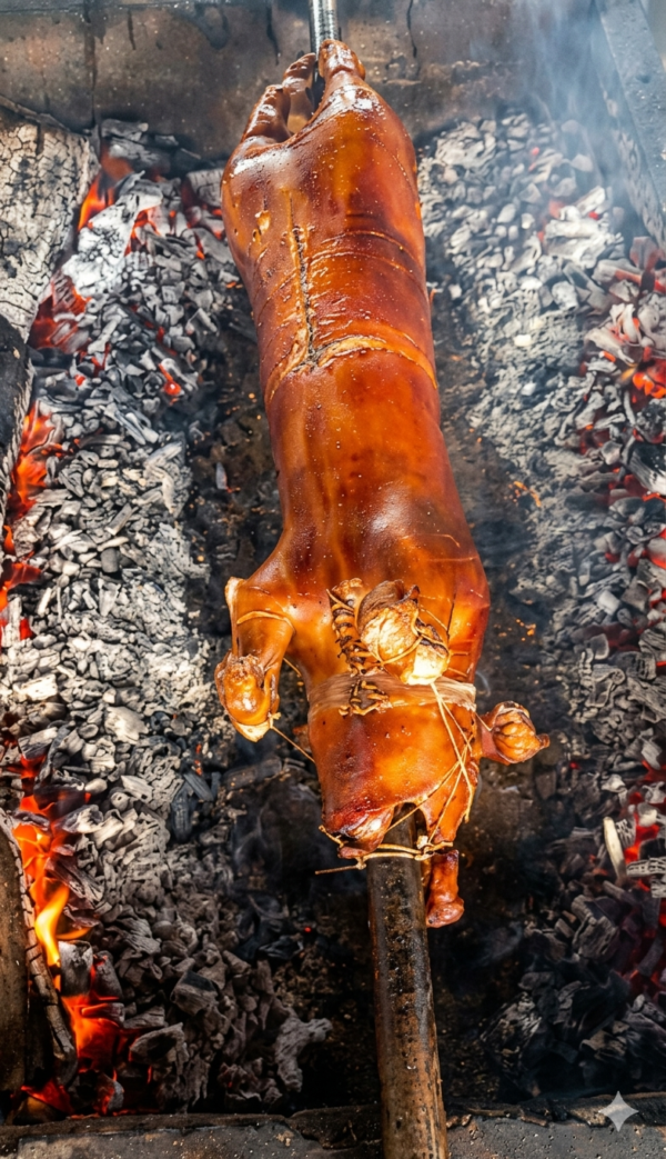 A whole pig, expertly roasted to a deep, glossy golden-brown. The skin appears exceptionally crispy and smooth, secured to a heavy metal rod with thin binding strings.
