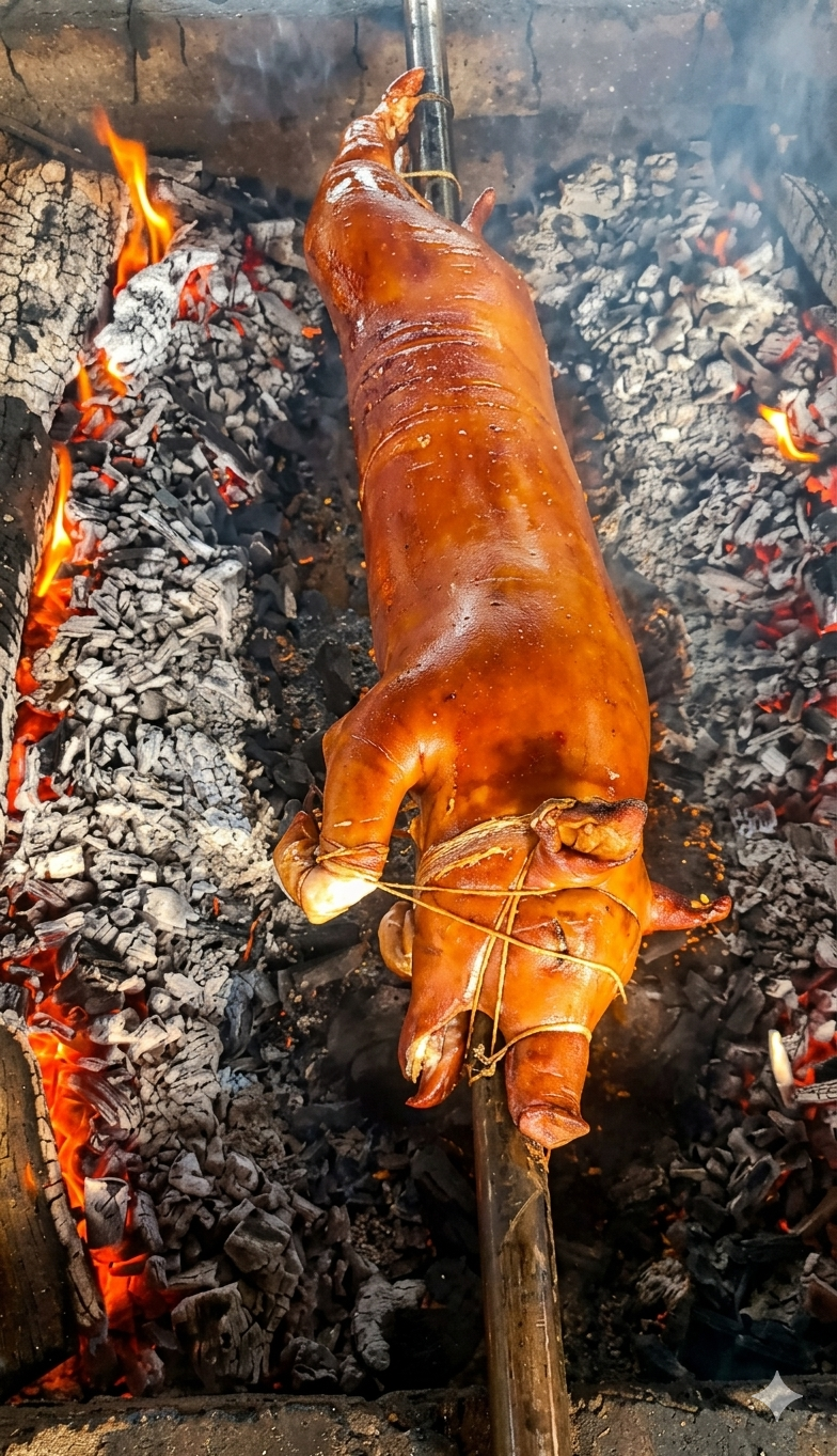 A whole pig, expertly roasted to a deep, glossy golden-brown. The skin appears exceptionally crispy and smooth, secured to a heavy metal rod with thin binding strings.