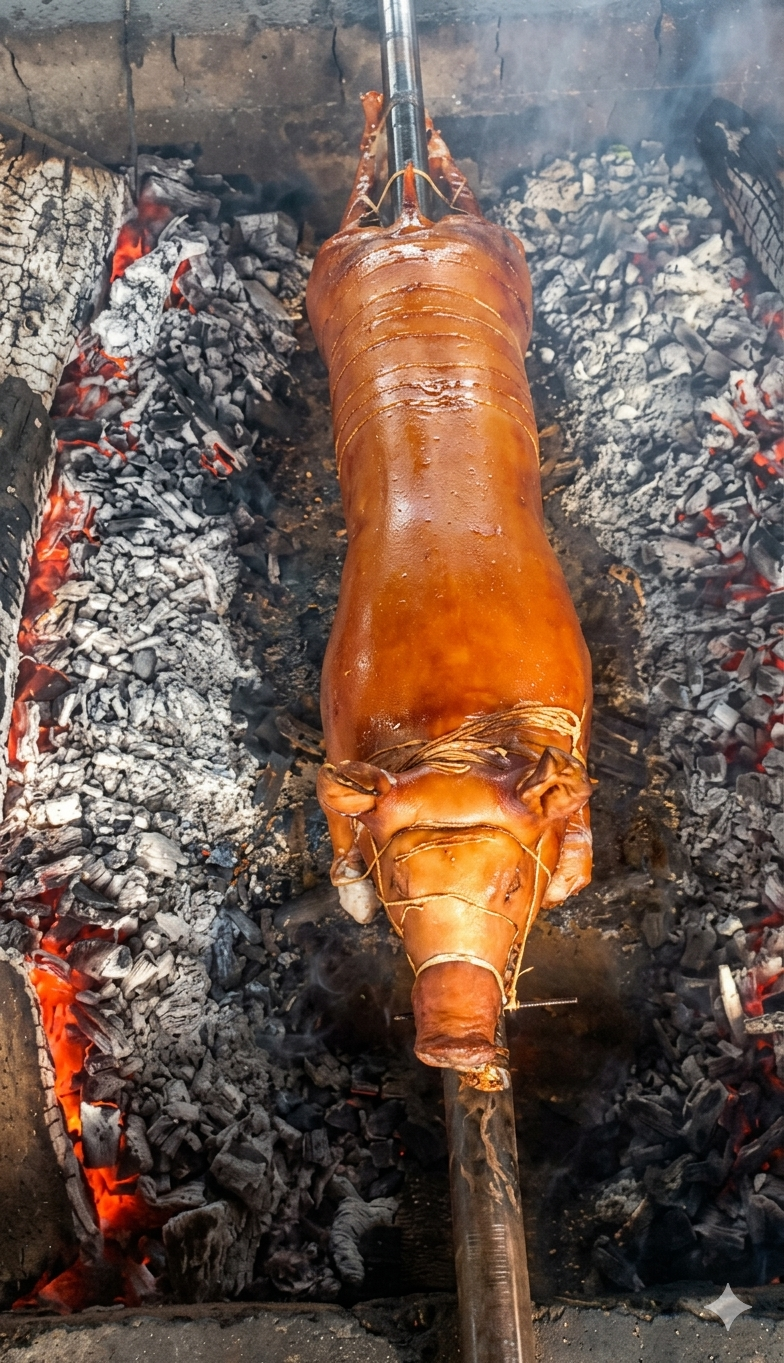 A whole pig, expertly roasted to a deep, glossy golden-brown. The skin appears exceptionally crispy and smooth, secured to a heavy metal rod with thin binding strings.