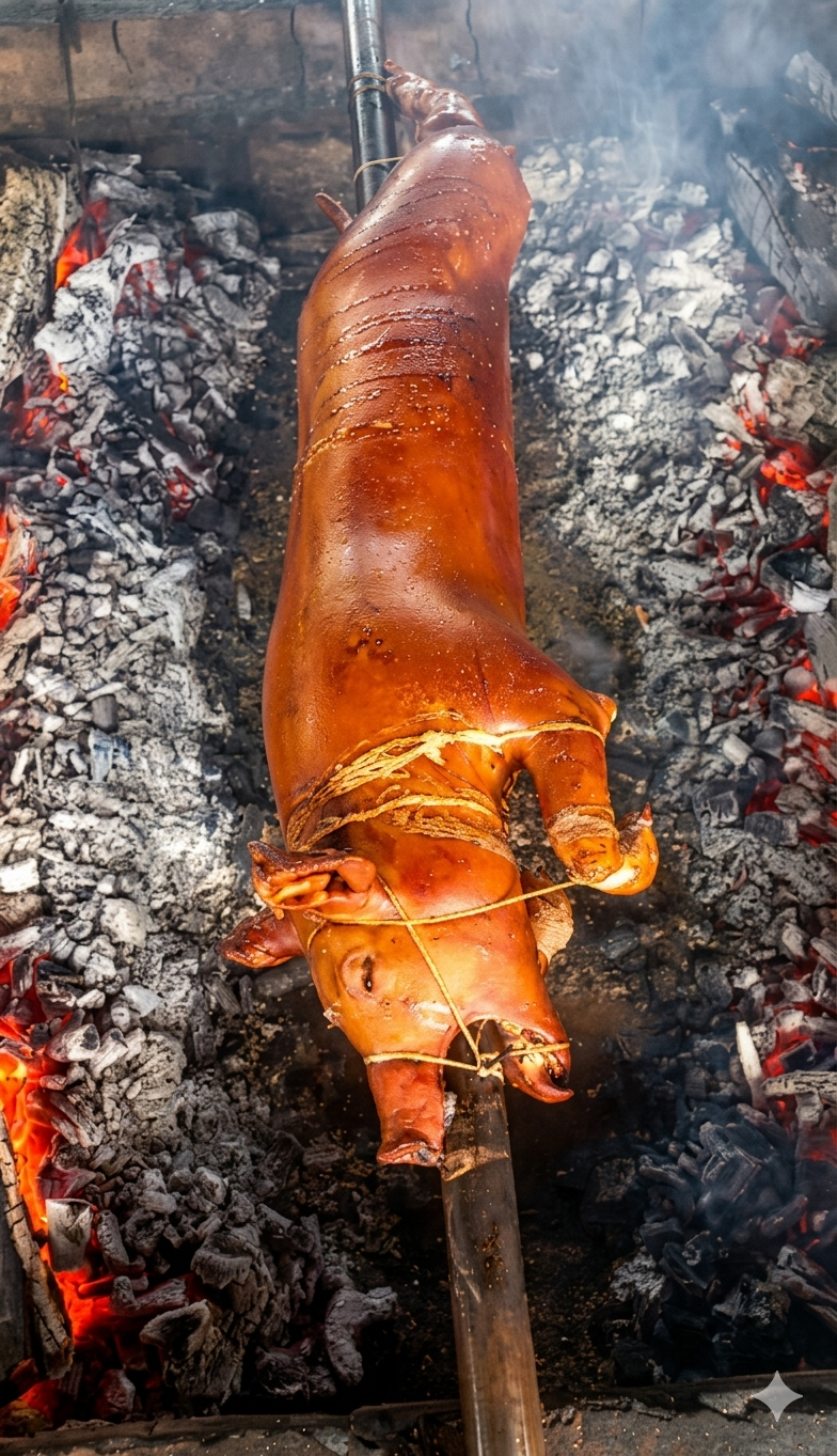 A whole pig, expertly roasted to a deep, glossy golden-brown. The skin appears exceptionally crispy and smooth, secured to a heavy metal rod with thin binding strings.