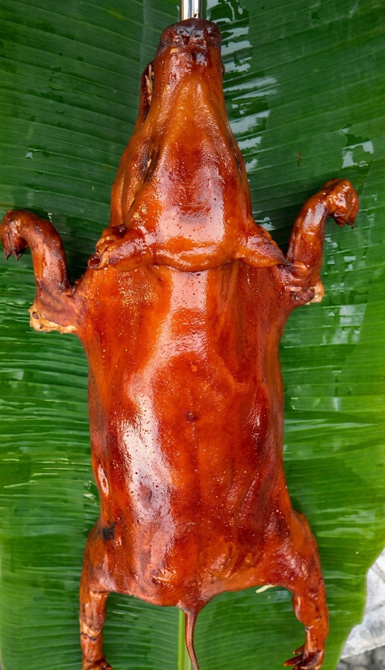 lechon cochinillo on top of fresh babana leaf