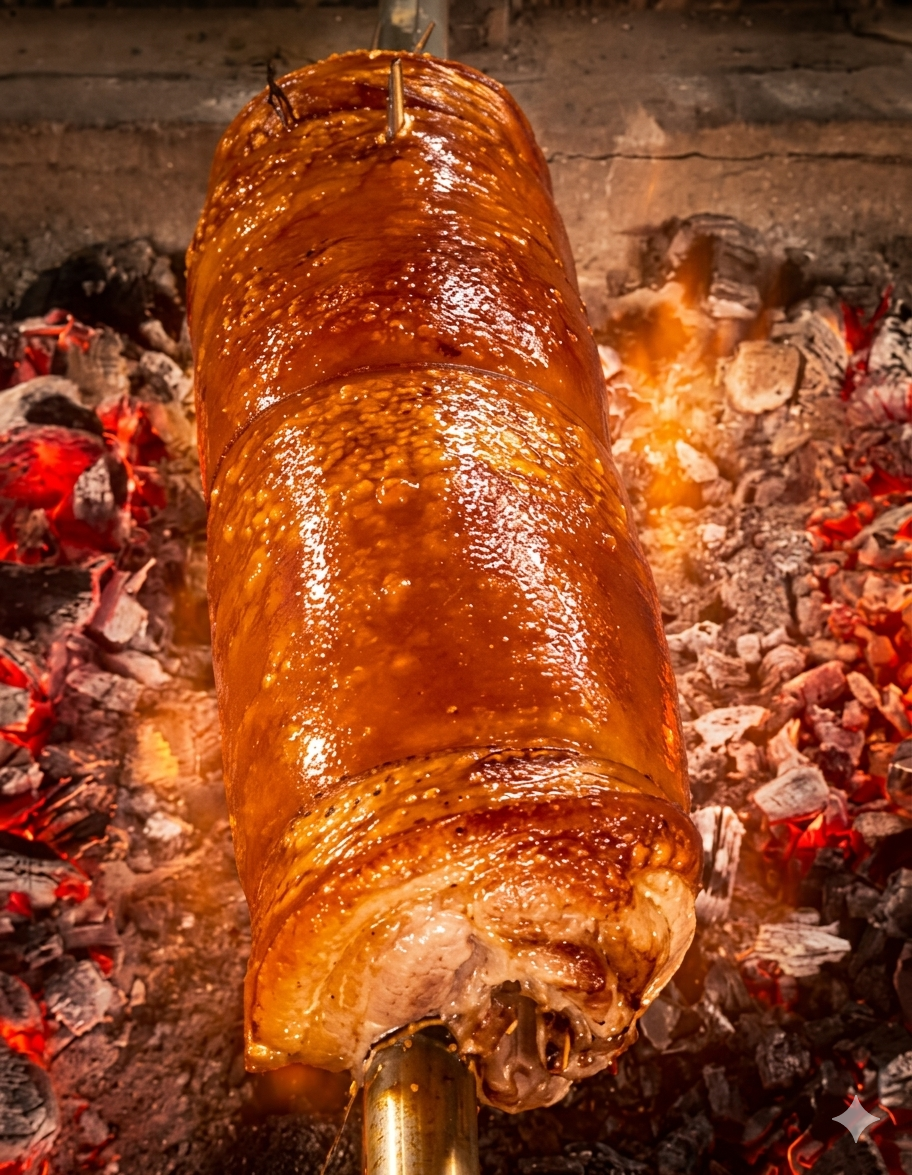 A whole, perfectly roasted lechon belly roll on a rotisserie spit, featuring a deeply caramelized, glistening golden-brown crackling skin, positioned over a bed of glowing red charcoal embers.