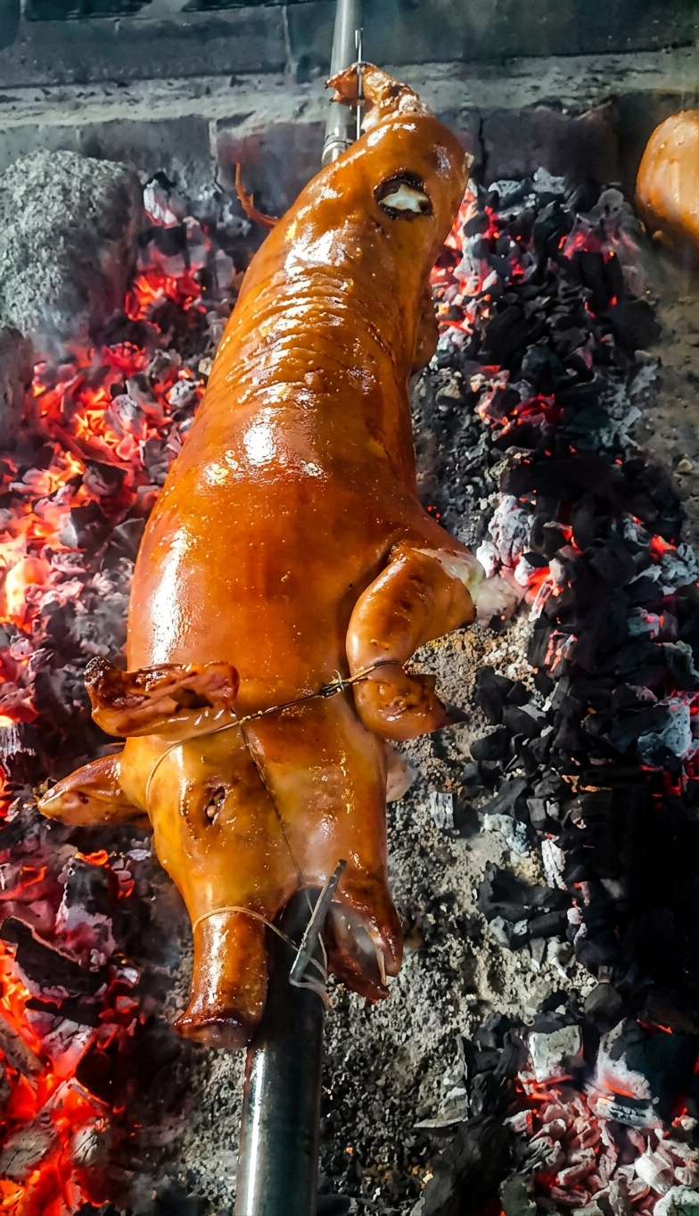 A whole native pig, expertly roasted to a deep, glossy golden-brown.