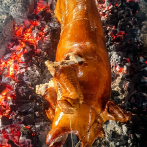 A whole native pig, expertly roasted to a deep, glossy golden-brown.