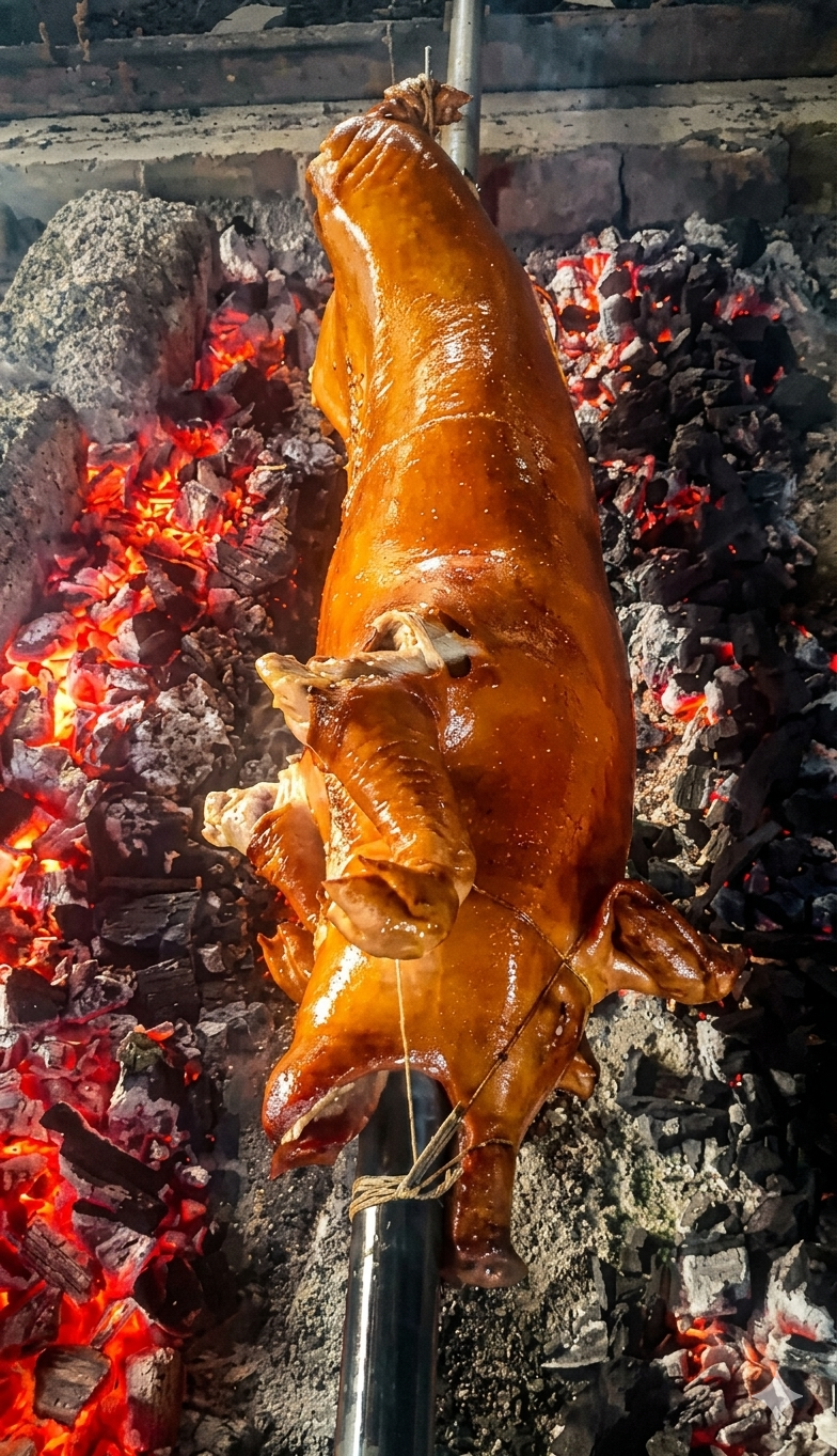 A whole native pig, expertly roasted to a deep, glossy golden-brown.